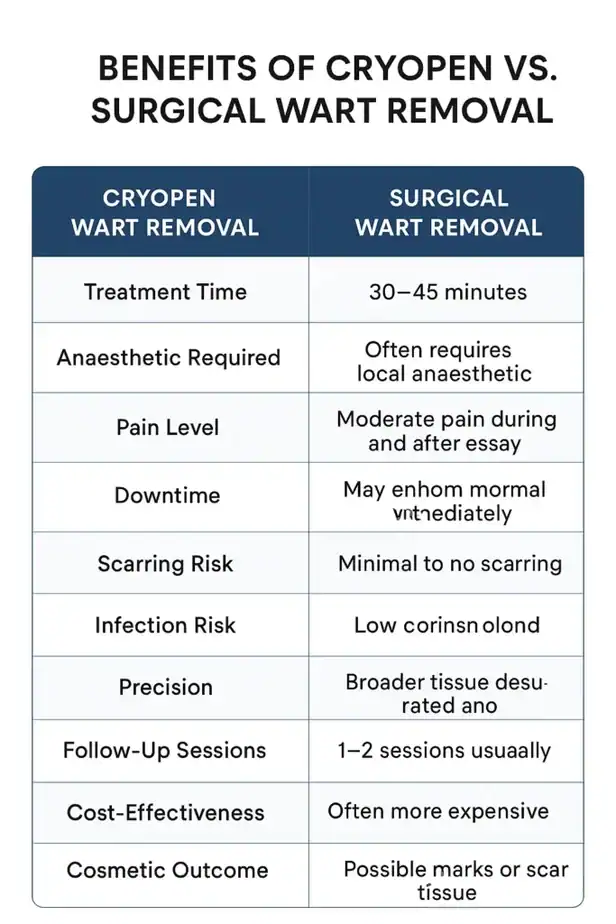 Table showing the benefits of cryopen to remove warts Watford compared to surgical treatment